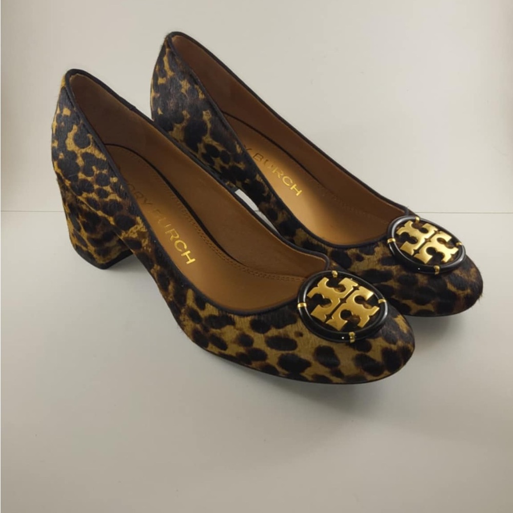 Tory Burch Animal Print Heels with Gold Accent